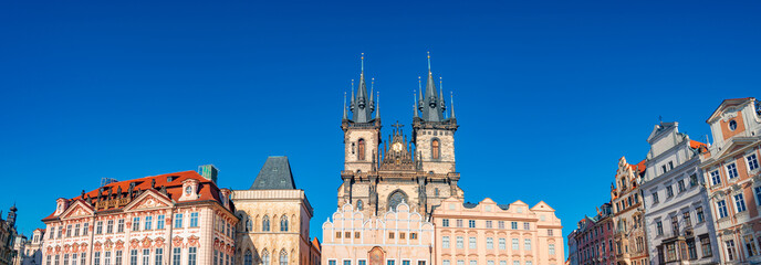 Fototapeta premium Panoramic view over Church of Our Lady before Tyn at old town square in Prague, Czech Republic, at blue sky and sunny day.