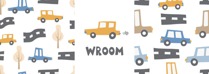 Children's patterns set with cars. Cars. Transport. Road. Vector hand-drawn color seamless repeating children simple pattern with cars and lettering, in Scandinavian style road on a white background.