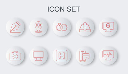 Set line Monitor with cardiogram, First aid kit, Wedding rings, NFC Payment, Fountain pen nib, Medical location cross, Computer monitor screen and Hospital icon. Vector