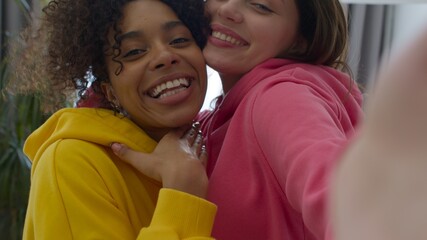 Happy girls taking selfie on the phone