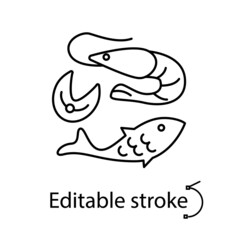 Seafood outline icon. Shrimp, fish and fish steak Taiwanese food. Editable stroke. Isolated vector illustration