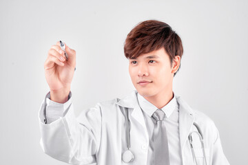 asian medical doctor write on imaginary panel