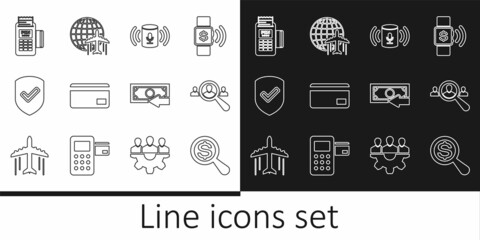 Set line Magnifying glass and dollar, for search people, Voice assistant, Credit card, Shield with check mark, POS terminal, Cash back and Globe flying plane icon. Vector