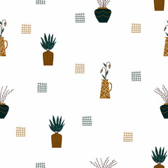 Seamless pattern in Scandinavian flat style with hand-drawn abstract vases, flowers, leaves. A repeating background for design of backgrounds, wrapping paper, fabric,textiles, print printed products.