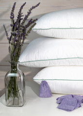 Handmade lavender sachet in textile bags. Dry lavender flowers for filling. Protection from moths.