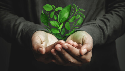 World Earth Day Concept. Green Energy, Renewable and Sustainable Resources. Environmental and Ecology Care. Hand Gesture Levitating a Green leaf as Heart Shape