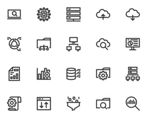 set of data analysis line icons, database, cloud server