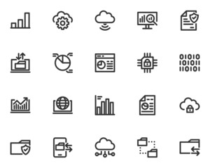 set of data analysis line icons, database, cloud server