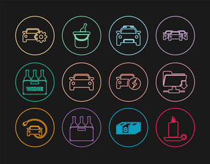 Set line Burning candle in candlestick, FTP folder download, Police car flasher, Car, Bottles of wine box, service, Electric and bucket icon. Vector