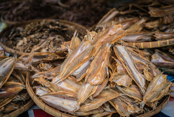 Dried sea fish are sold at a seafood market at Laem Chabang Fishing Village, Thailand.