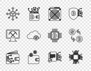 Set line Cryptocurrency wallet, Processor, ASIC Miner, Distribution, cloud mining, Smart contract and exchange icon. Vector