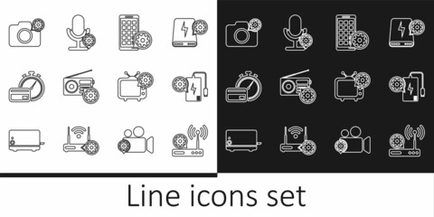 Set line Router and wi-fi setting, Power bank, Mobile Apps, Radio, Fast payments, Photo camera, Tv and Microphone icon. Vector