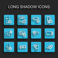 Set line Microphone setting, Fast payments, Refrigerator, Smartwatch, Radio, Microwave oven and Security camera icon. Vector