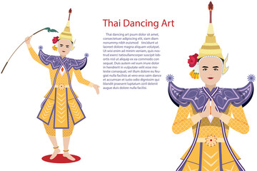 Men with traditional danceing art or ram thai character graphic Thai traditional dramatic performance Vector