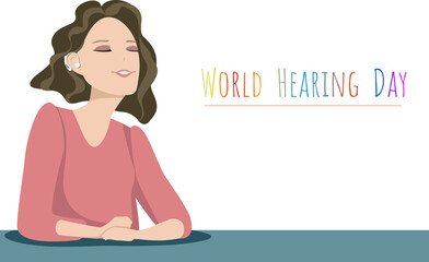 Women with shot hair feeling good and smile with Hearing aid medical tool to help her to hear  World Deaf Day concept vector
