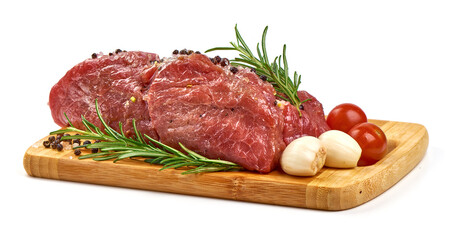 Fresh beef meat with spices, isolated on white background.