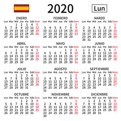 Spanish calendar 2020, Monday