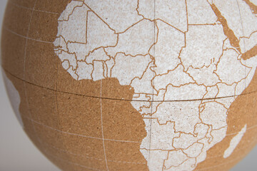 World cork ball showing central Africa, white, background - Plan destinations - Places visited -...