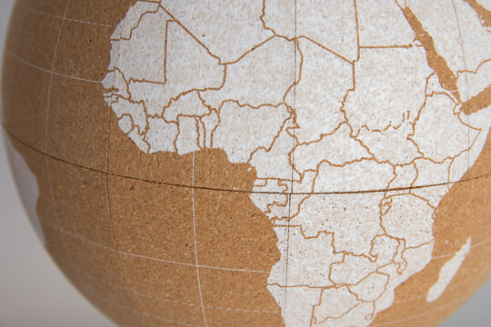 World cork ball showing central Africa, white, background - Plan destinations - Places visited - Next destinations