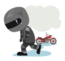 Biker cartoon. Child illustration. Sad. Sports uniform and helmet. Cool motorcycle. Chopper bike. Funny motorcyclist. Isolated on white background. Vector