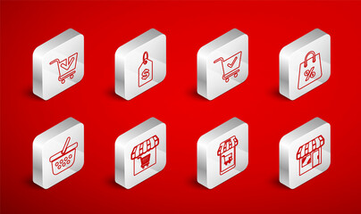 Set line Market store, Price tag with dollar, Shopping cart check mark, bag percent, Mobile and shopping, Add, and basket icon. Vector
