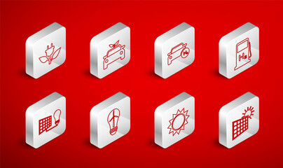 Set line Solar energy panel and sun, Eco car concept drive, Hydrogen, filling station, Sun, Electric saving plug leaf, Light bulb with wind turbine and light icon. Vector