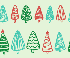 Vector set of seamless Christmas tree borders in red and green colors. horizontal stripes of the template hand-drawn Christmas tree set of simple triangles with a texture of lines, red, green and turq
