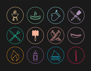 Set line Barbecue knife, Hot chili pepper pod, Oven glove, steel grid, Crossed fork and, grill, hot and Hotdog sandwich icon. Vector