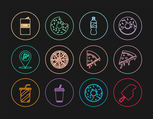 Set line Ice cream, Slice of pizza, Bottle water, Pizza, Location with slice, Beer can, and Donut icon. Vector