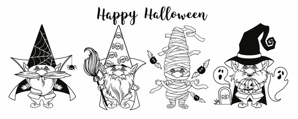Gnome for halloween linear art, pumpkin Potions Spider web and spider, trick or treat, design for thanksgiving day, cartoon spooky dwarf Vector line art for printable greeting cards and coloring pages