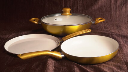 Pots and pans. Set of cooking kitchen utensils and cookware. 
