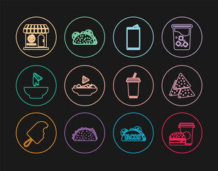 Set line Coffee and burger, Nachos, Aluminum can, plate, Pizzeria building facade, Glass with water and Taco tortilla icon. Vector