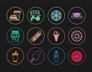 Set line Pizza, Donut, Hotdog sandwich, Pizzeria building facade, Coffee burger, Ice cream waffle cone and Fast street food cart icon. Vector