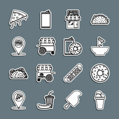 Set line Ice cream, Donut, Nachos in plate, Pizzeria building facade, Fast street food cart, Location with burger, Slice of pizza and Aluminum can soda and donut icon. Vector