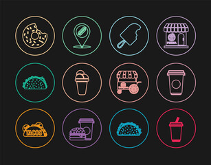 Set line Glass with water, Coffee cup, Ice cream, Taco tortilla, Donut, Fast street food cart and Location hotdog icon. Vector