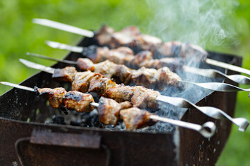 Barbecue meat on skewers. Cooking shashlik on the mangal in nature. Grilled kebab cooking on metal skewer. Home picnic