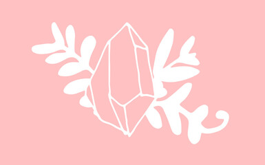 Vector crystal with a pattern of leaves. Natural mineral, uneven shape with sharp edges, drawn in doodle style, isolated white outline on a pink background for a magic design template