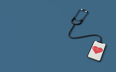 Obraz premium Realistic 3d render of stethoscope with mobile phone readout of heart for remote heart checkup by teledoctor