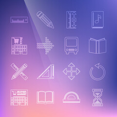 Set line Hourglass pixel, Refresh, Open book, Measuring height and length, Dots arrow, Mall or supermarket building, Ruler and Bus icon. Vector