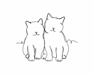 Continuous one line drawing two kitty cat icon in silhouette on a white background. Linear stylized.