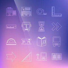 Set line Open book, Bus, Arrow, Roulette construction, Ruler, Hotel building and Hourglass pixel icon. Vector