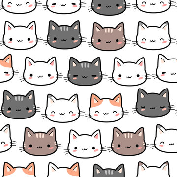 Seamless pattern background wallpaper with cute kitty cat cartoon doodle