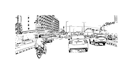 Building view with landmark of Karachi is the largest city in Pakistan. Hand drawn sketch illustration in vector.