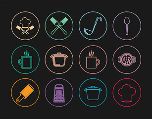 Set line Chef hat, Cooking soup in pot, Kitchen ladle, Coffee cup, and fork, and Crossed icon. Vector