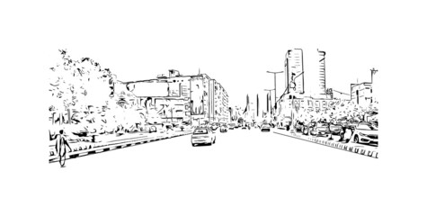 Building view with landmark of Karachi is the largest city in Pakistan. Hand drawn sketch illustration in vector.