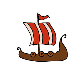 Fototapeta premium Vector Viking ship in flat style. Insulated element wooden ship of brown color with a striped sail in red and white stripes on a white background for a label design template, packaging, logo