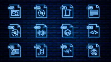 Naklejka premium Set line AVI file document, HTML, JS, WAV, MP3, BMP, PSD and WMA icon. Vector