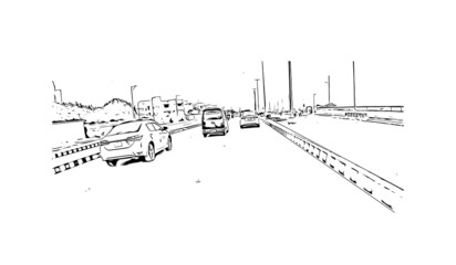Building view with landmark of Karachi is the largest city in Pakistan. Hand drawn sketch illustration in vector.
