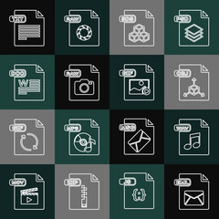 Set line EML file document, WAV, OBJ, 3DS, RAW, DOC, TXT and GIF icon. Vector