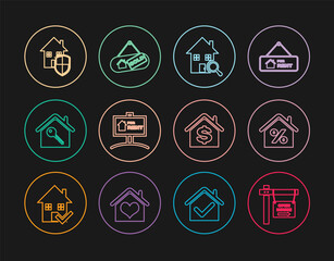 Set line Hanging sign with Open house, House percant, Search, For Rent, key, under protection, dollar and Sold icon. Vector
